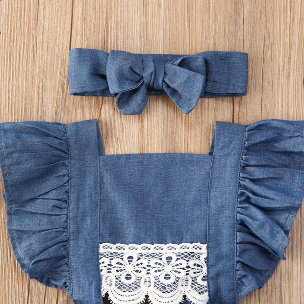 Sleeveless Denim Lace Romper Open Back with Ribbon Headband - Image 2
