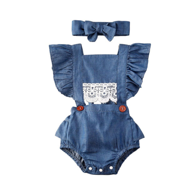 Sleeveless Denim Lace Romper Open Back with Ribbon Headband