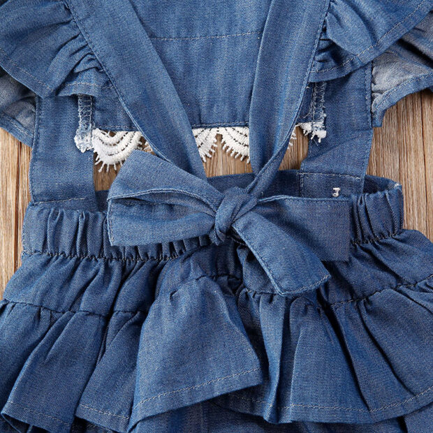 Sleeveless Denim Lace Romper Open Back with Ribbon Headband - Image 4