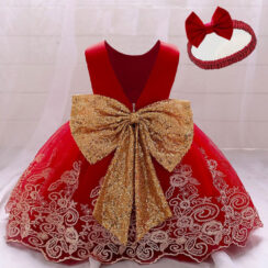 Sleeveless Intricate Flower Pattern Wedding Dress with Sequin Ribbon Bow & Matching Headback