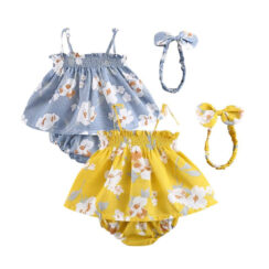 Sleeveless Off Shoulder Flower Pattern Dress with Diaper Cover & Ribbon Headband