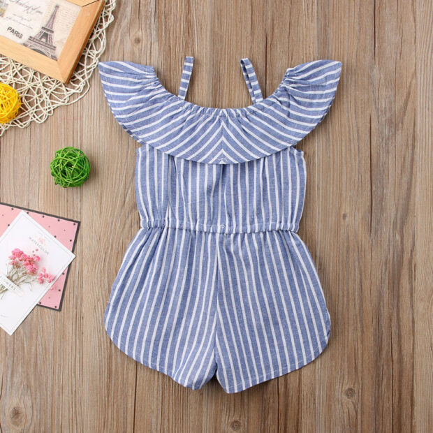 Baby Off Shoulder Stripe Pattern Romper Blue