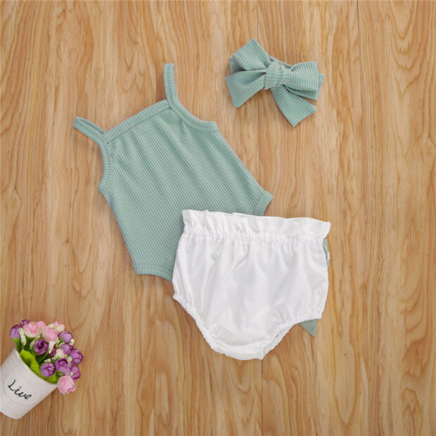 Sleeveless Ribbed Pattern Onesie & Ribbon Bloomers with Headband for Summer - Image 2