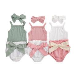 Sleeveless Ribbed Pattern Onesie & Ribbon Bloomers with Headband for Summer