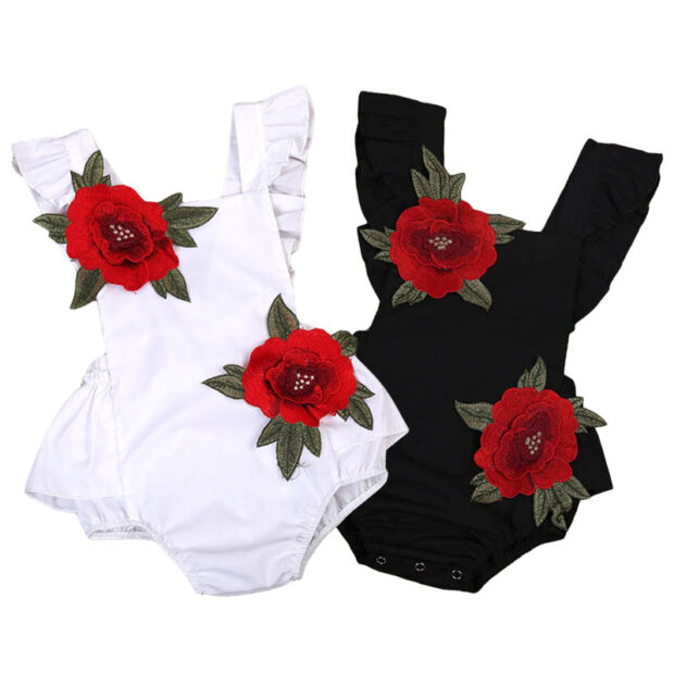 Sleeveless Rose Embroidery Patch Romper Open Back