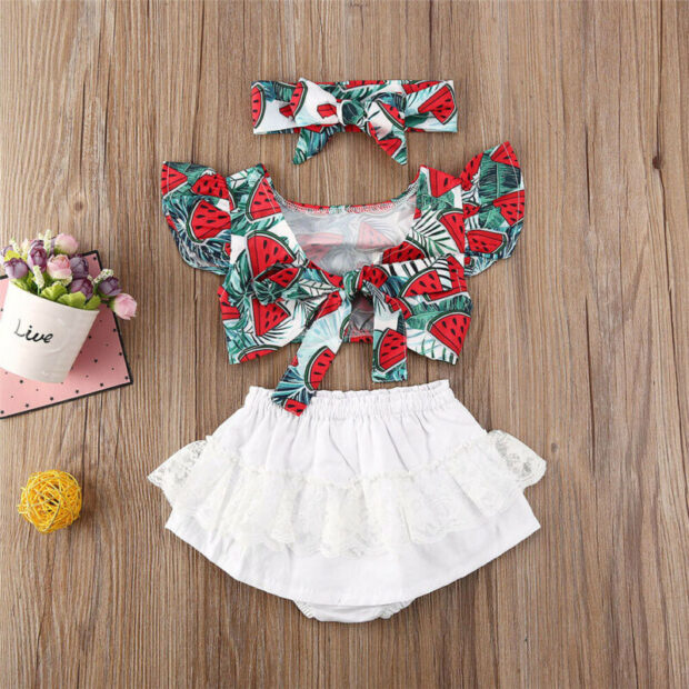 Baby Watermelon Print Crop Top & Skirt Outfit