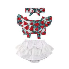 Sleeveless Watermelon Print Crop Top Open Back with Crocheted Skirt & Matching Ribbon Headband