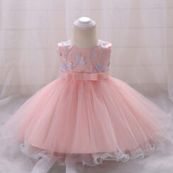 Sleeveless Wedding Flower Pedal Mesh Dress with Ribbon Bow Back