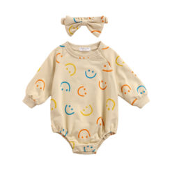 Smiley Face Onesie Long Sleeve with Matching Ribbon Headband