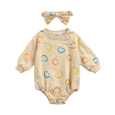 Smiley Face Onesie Long Sleeve with Matching Ribbon Headband