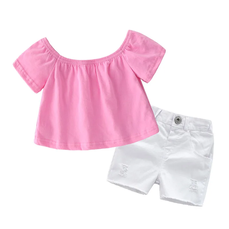 Baby Girl Pink Blouse Top, Ripped Jeans Shorts Short Sleeve
