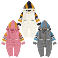 Solid Color Hooded Knitted Outerwear Romper Long Sleeve