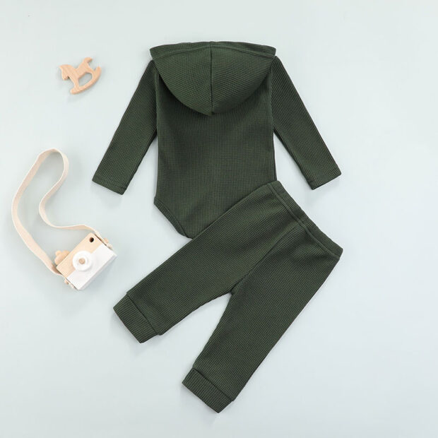 Plain Hooded Button Up Bodysuit & Elastic Pants Long Sleeve - Image 2