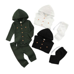 Plain Hooded Button Up Bodysuit & Elastic Pants Long Sleeve