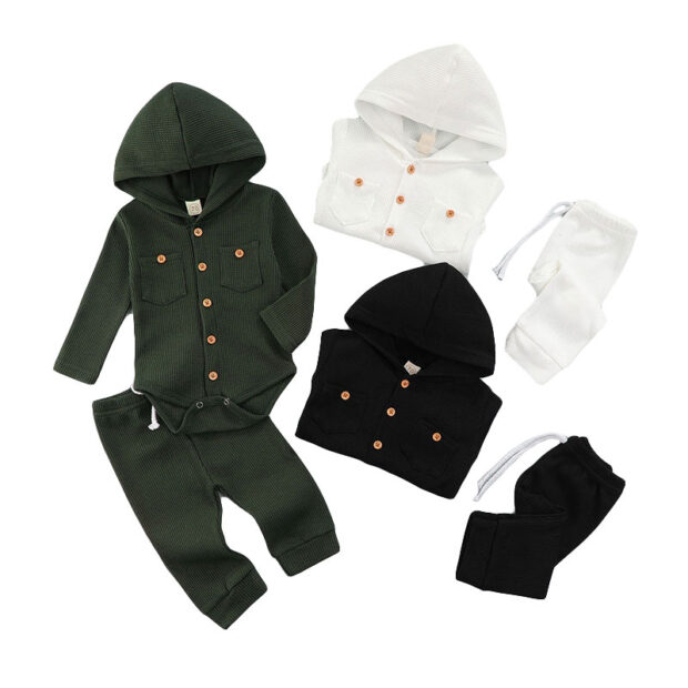 Plain Hooded Button Up Bodysuit & Elastic Pants Long Sleeve