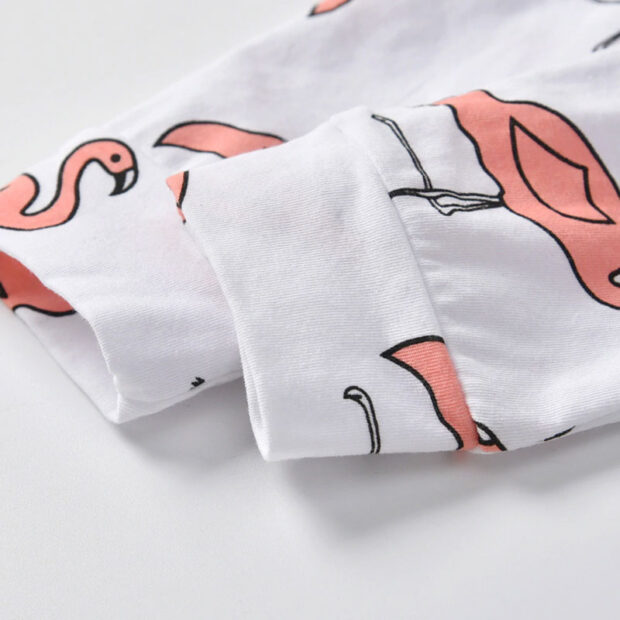 Baby Girl Solid Onesie, Flamingo Print Pants Long Sleeve, Ribbon Headband 3 pcs Set - Image 6