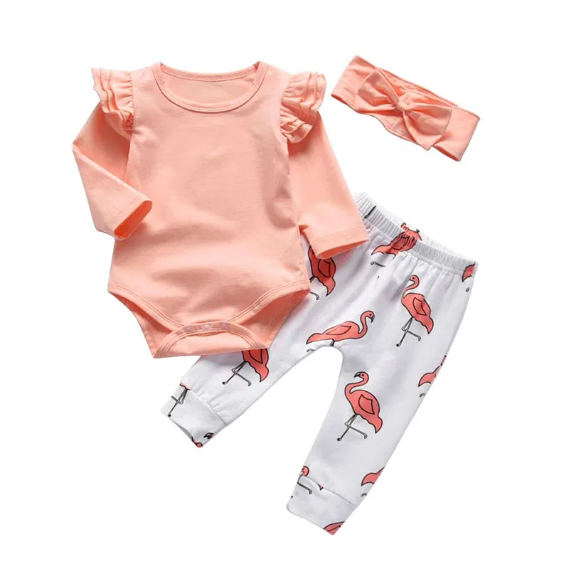 Baby Girl Solid Onesie, Flamingo Print Pants Long Sleeve, Ribbon Headband 3 pcs Set