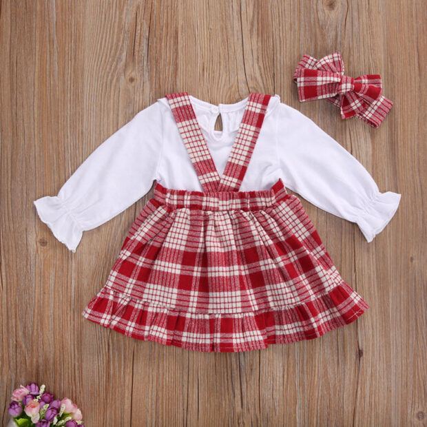Solid Color Onesie Long Sleeve & Plaid Pattern Suspender Dress with Ribbon Headband for Girls - Image 3