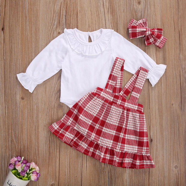 Solid Color Onesie Long Sleeve & Plaid Pattern Suspender Dress with Ribbon Headband for Girls - Image 2