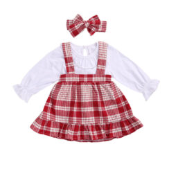 Solid Color Onesie Long Sleeve & Plaid Pattern Suspender Dress with Ribbon Headband for Girls