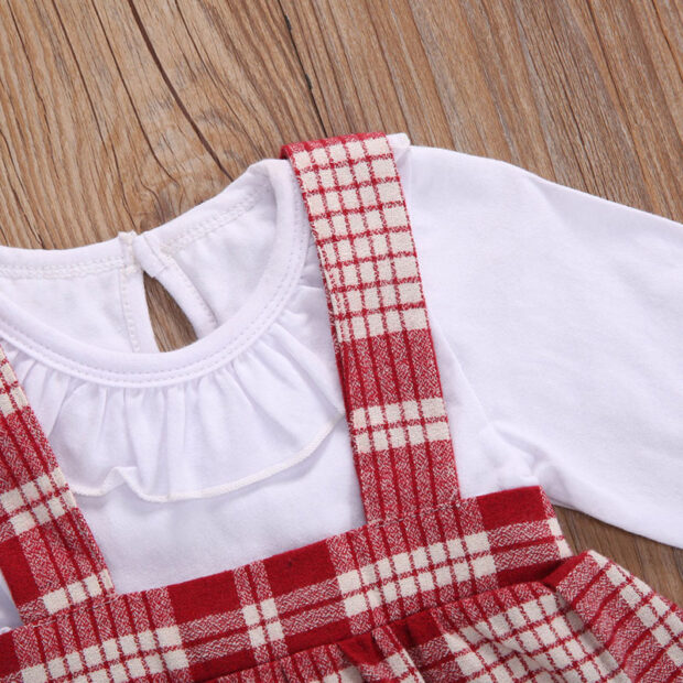 Solid Color Onesie Long Sleeve & Plaid Pattern Suspender Dress with Ribbon Headband for Girls - Image 4