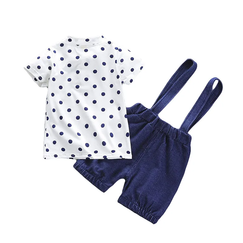 Polka Dot Polo Tee & Ribbed Suspenders Shorts Short Sleeve with Bow Tie - Image 2