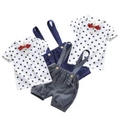 Polka Dot Polo Tee & Ribbed Suspenders Shorts Short Sleeve with Bow Tie