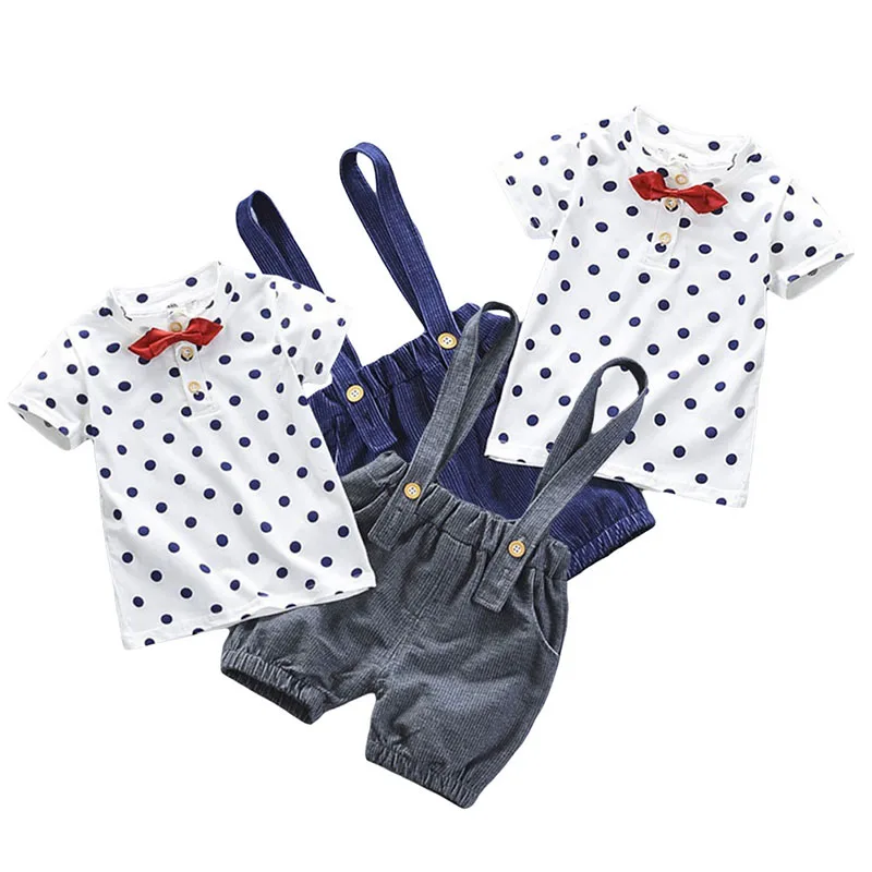 Polka Dot Polo Tee & Ribbed Suspenders Shorts Short Sleeve with Bow Tie