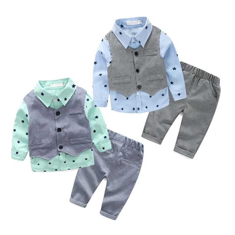 Baby Boy Star Pattern Button Up Shirt with Vest & Pants Long Sleeves 3 pcs Set