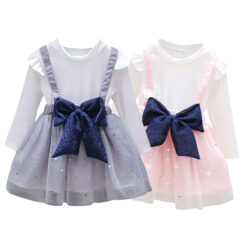 Star Pattern Sequin Dress with Glittered Ribbon & Tulle Long Sleeve