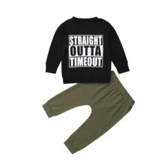Baby Straight Outta Timeout Letter Print T-Shirt & Solid Color Pants Long Sleeve