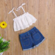 Baby Strap Crop Top with Open Holes & Denim Shorts