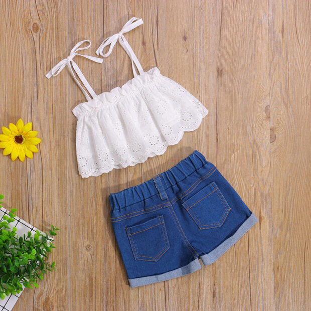 Strap Crop Top & Elastic Denim Shorts Short Sleeve - Image 2