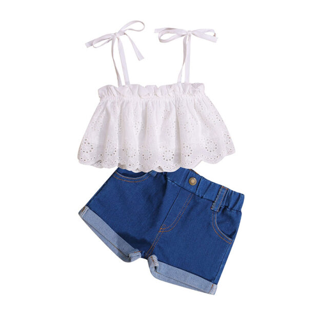 Baby Strap Crop Top with Open Holes & Denim Shorts