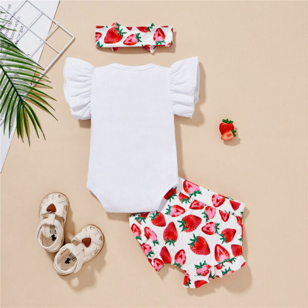 Strawberry Print Sleeveless Onesie with Matching Bloomers & Ribbon Headband - Image 2
