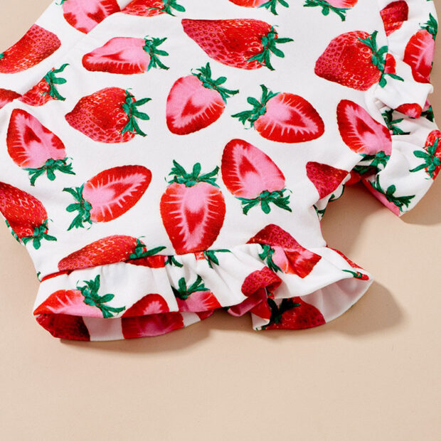 Strawberry Print Sleeveless Onesie with Matching Bloomers & Ribbon Headband - Image 4