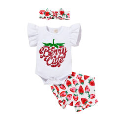 Strawberry Print Sleeveless Onesie with Matching Bloomers & Ribbon Headband