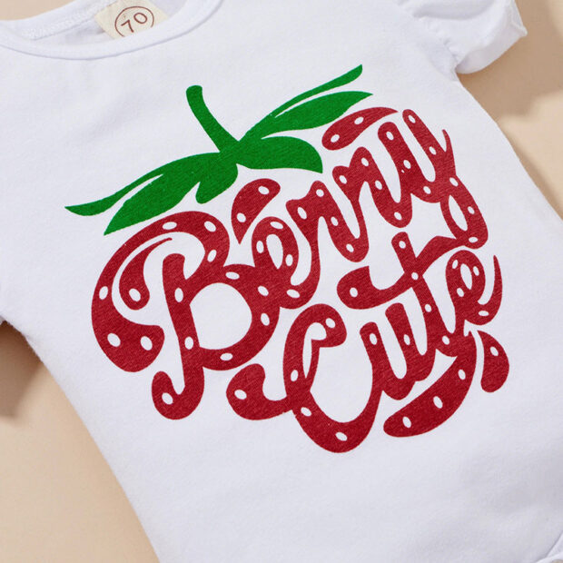 Strawberry Print Sleeveless Onesie with Matching Bloomers & Ribbon Headband - Image 3
