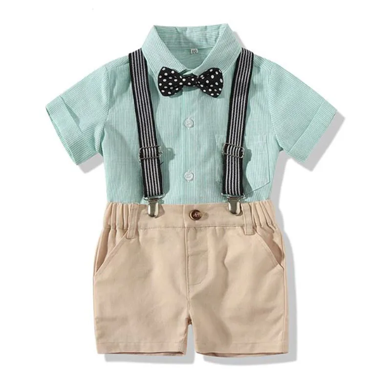 Baby Boy Bow Tie Stripe Button Shirt, Suspenders Belt Shorts 2 pcs - Image 2