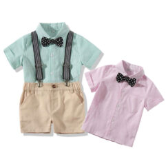Baby Boy Bow Tie Stripe Button Shirt, Suspenders Belt Shorts 2 pcs