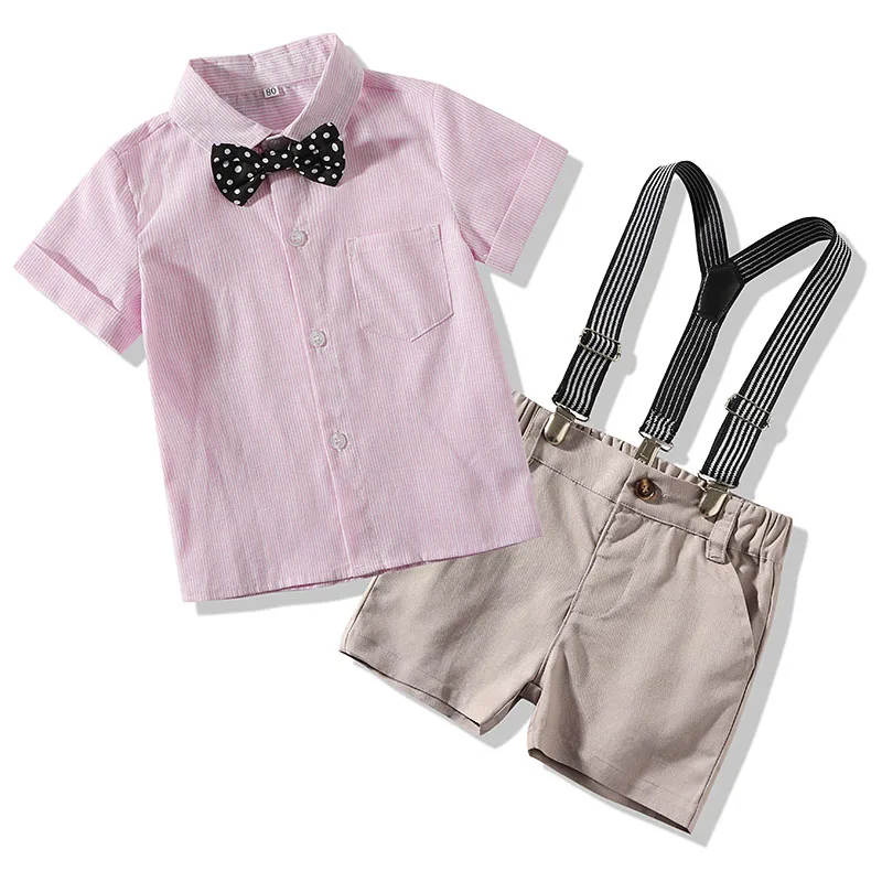 Baby Boy Bow Tie Stripe Button Shirt, Suspenders Belt Shorts 2 pcs - Image 3