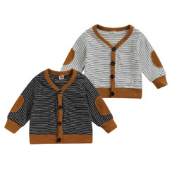 Stripe Cardigan with Padded Elbow Long Sleeve for Winter