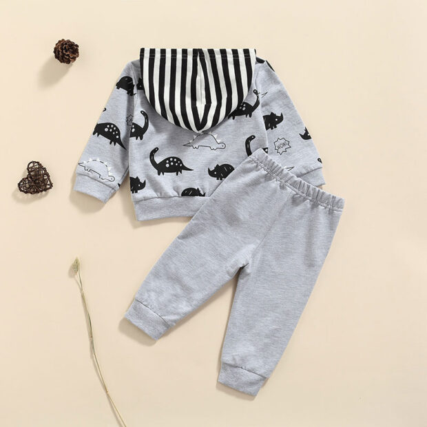 Baby Stripe Pattern Dinosaur Print Hoodie & Pants Outfit