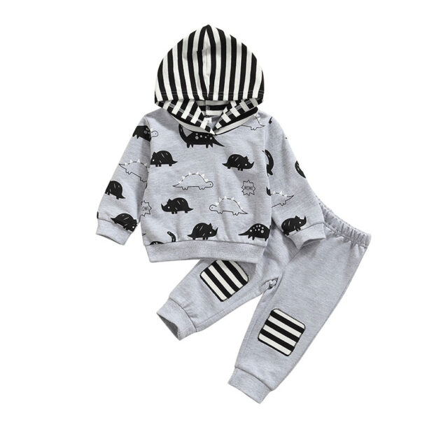 Stripe Pattern Dinosaur Print Hoodie & Matching Sweatpants Long Sleeve