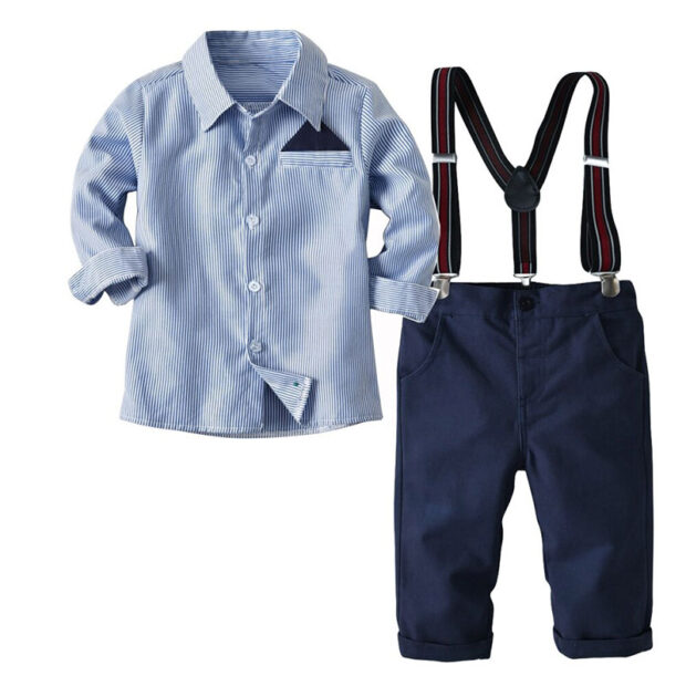 Stripe Pattern Dress Shirt Button Up & Trousers with Braces Long Sleeve