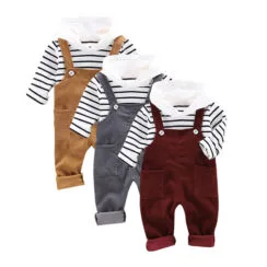 Stripe Pattern Hooded Shirt & Overalls Long Sleeve