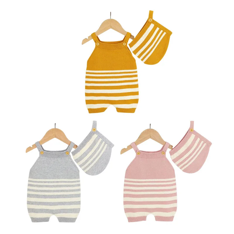 Stripe Pattern Knitted Overalls with Beanie Hat Long Sleeve