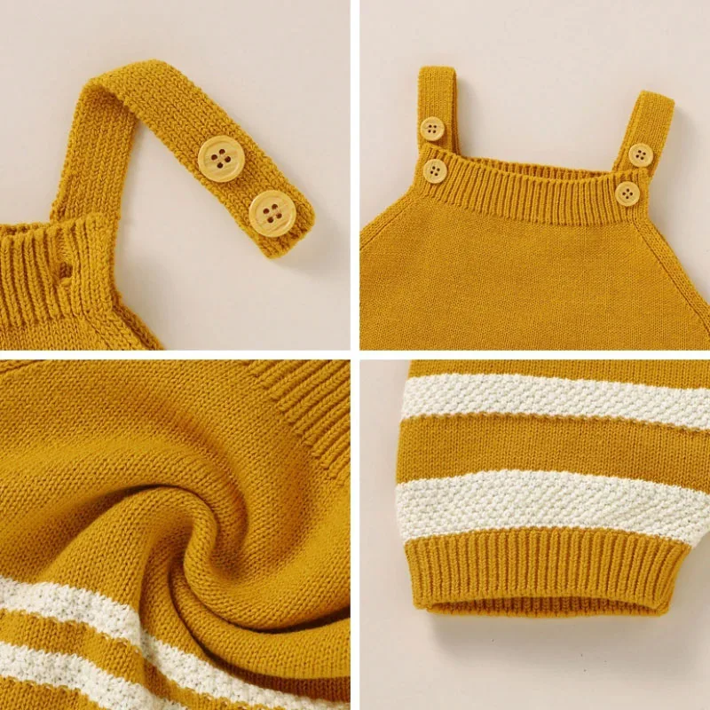 Stripe Pattern Knitted Overalls with Beanie Hat Long Sleeve - Image 2