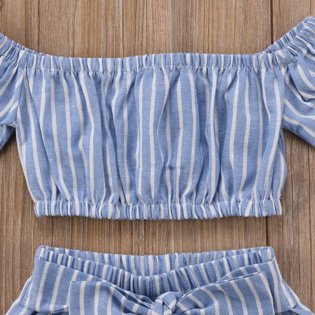 Stripe Pattern Off Shoulder Crop Top & Matching Pants with Bo Knot Belt - Image 2