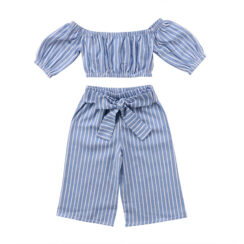 Stripe Pattern Off Shoulder Crop Top & Matching Pants with Bo Knot Belt